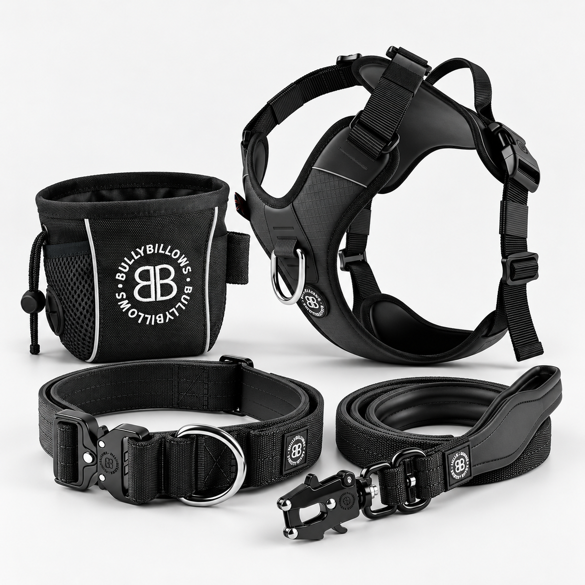 Black dog training gear set including a harness, collar, leash, and a black mesh pouch with a white BullbyBullby logo, arranged on a light gray background.
