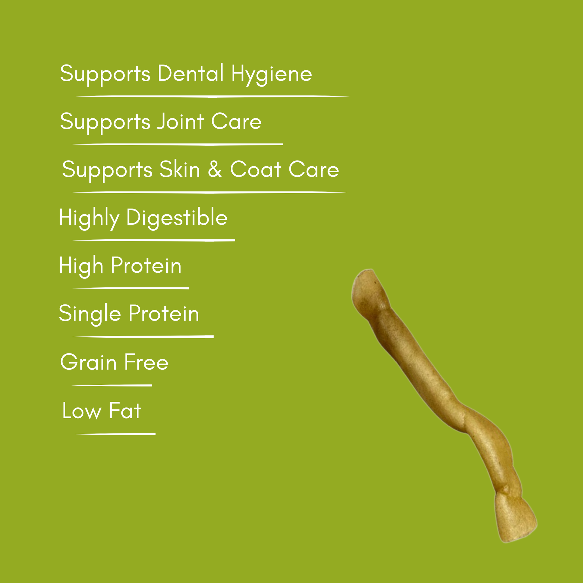 A Buffalo Collagen Roll shown on a solid olive green background with white text listing benefits such as supports dental hygiene, joint care, skin and coat care, highly digestible, high protein, single protein, grain free, and low fat.