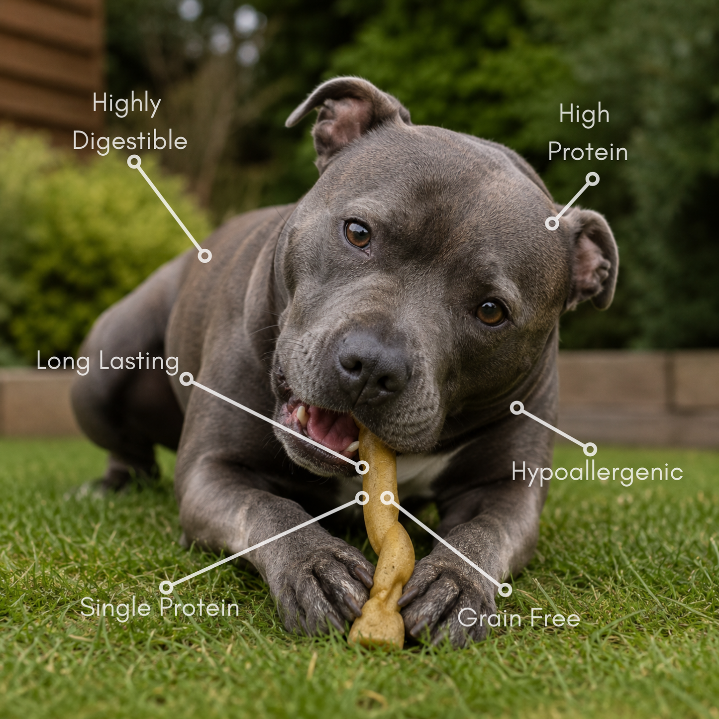 A gray staffordshire bull terrier dog lying on green grass outdoors, chewing a Buffalo Collagen Roll natural dog chew. White callout lines and text labels around the dog say Highly Digestible, High Protein, Long Lasting, Hypoallergenic, Single Protein, and Grain Free.