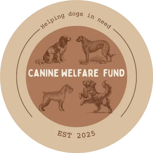 Circular logo for Canine Welfare Fund with illustrations of dogs and text on a brown background