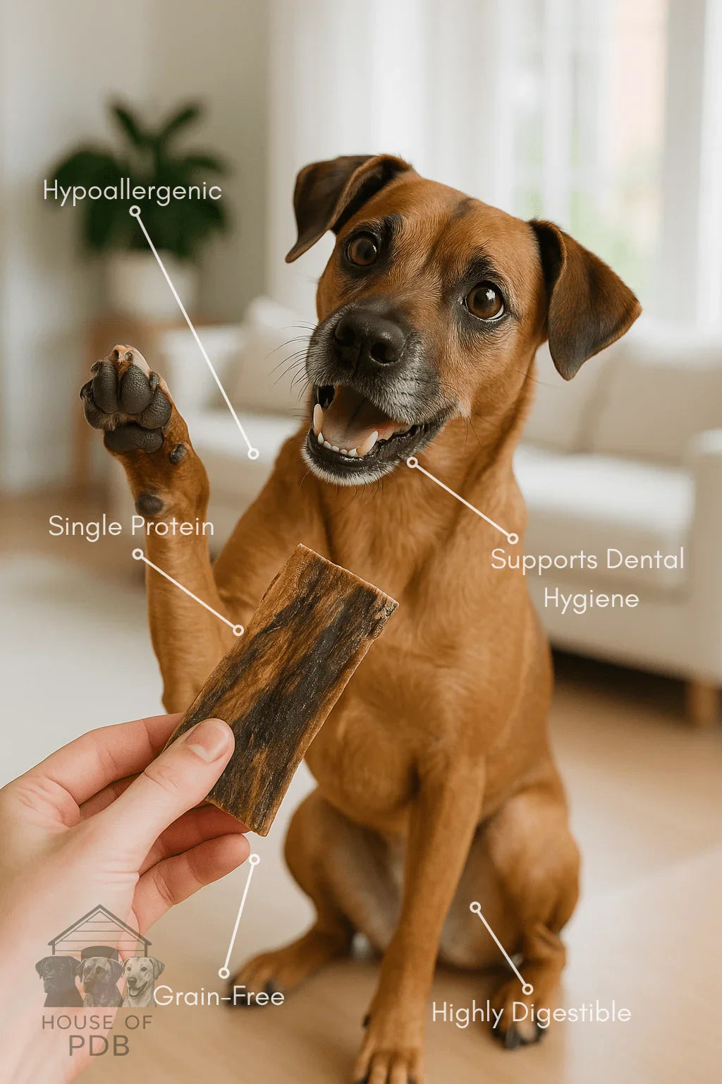 Happy brown dog sitting indoors holding paw, offered hypoallergenic grain-free single protein dog treat