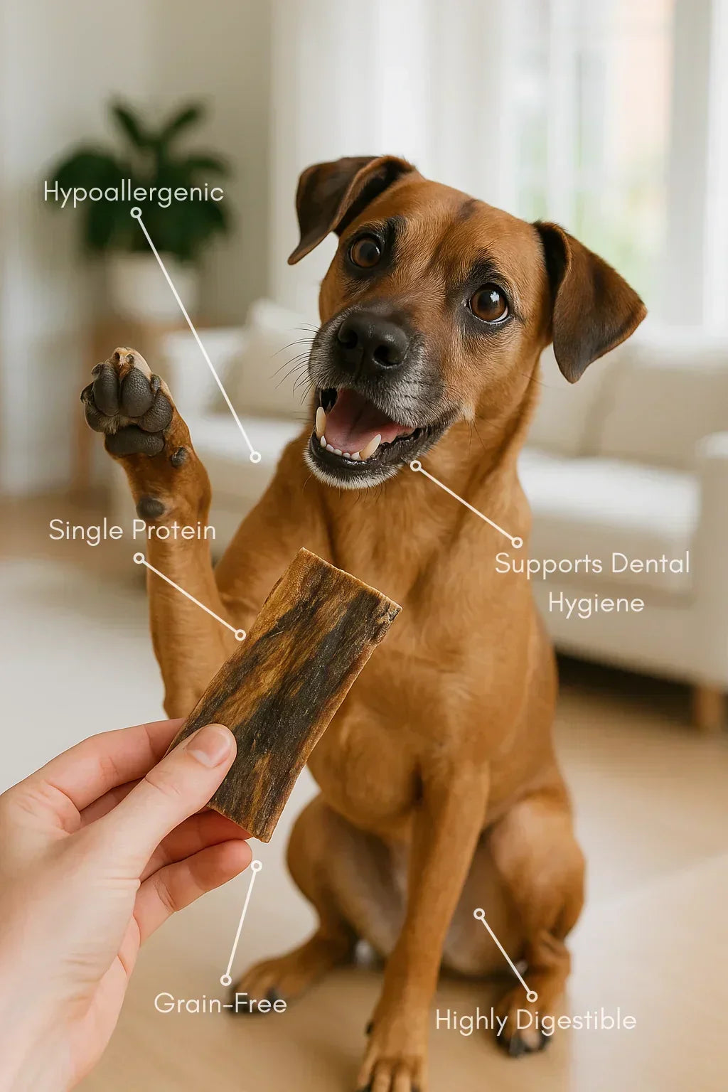 Dog eagerly raising paw for a natural camel skin dog treat, labeled hypoallergenic, grain-free, single protein, supports dental hygiene, highly digestible from House Of PDB.
