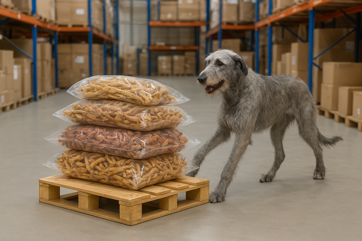 Dog standing next to a pallet of packages in a warehouse setting
