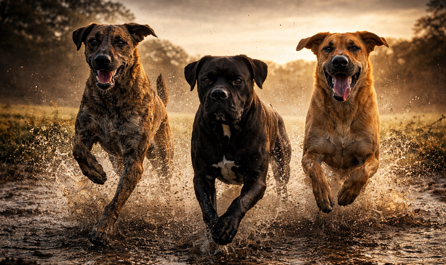 Three dogs running through water with a natural background