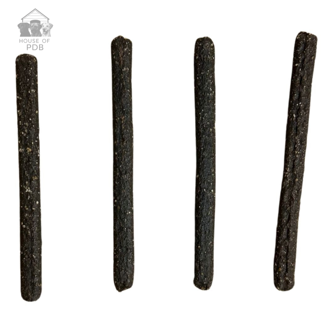 Chicken meaty sticks dog treats with house of pdb logo 