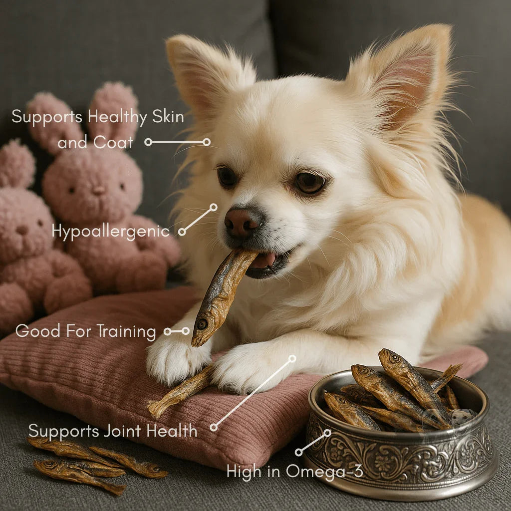 Small cream-colored dog chewing dried sprats on a cushion next to a bowl with more fish treats
