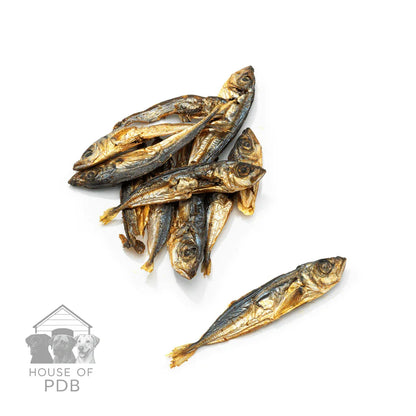 dried sprats fish snacks for dogs on white background with House of PDB logo