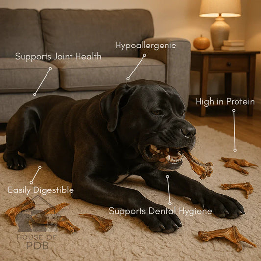 Black dog lying on carpet chewing duck wing treats labeled hypoallergenic, high protein, supports joint health, dental hygiene, and easily digestible