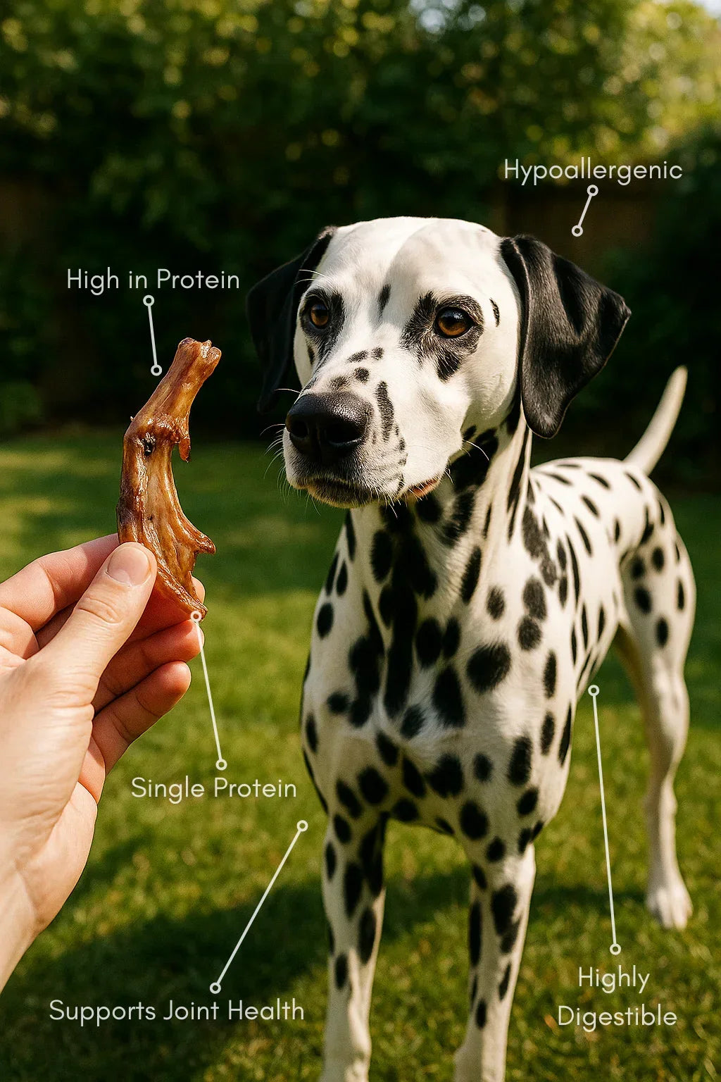Dalmatian dog in garden looking at a natural duck feet treat for dogs, labelled with benefits.