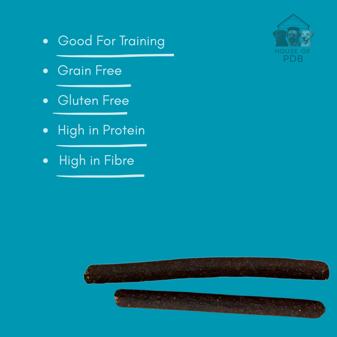 Duck meaty sticks natural dog treat with a list of the health benefits with the house of pdb logo 