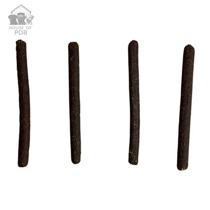Duck meaty stick natural dog treat on a white background with house of pdb logo