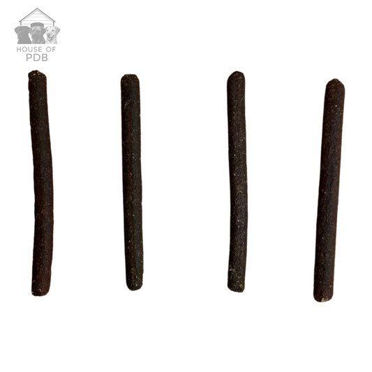 Duck meaty stick natural dog treat on a white background with house of pdb logo