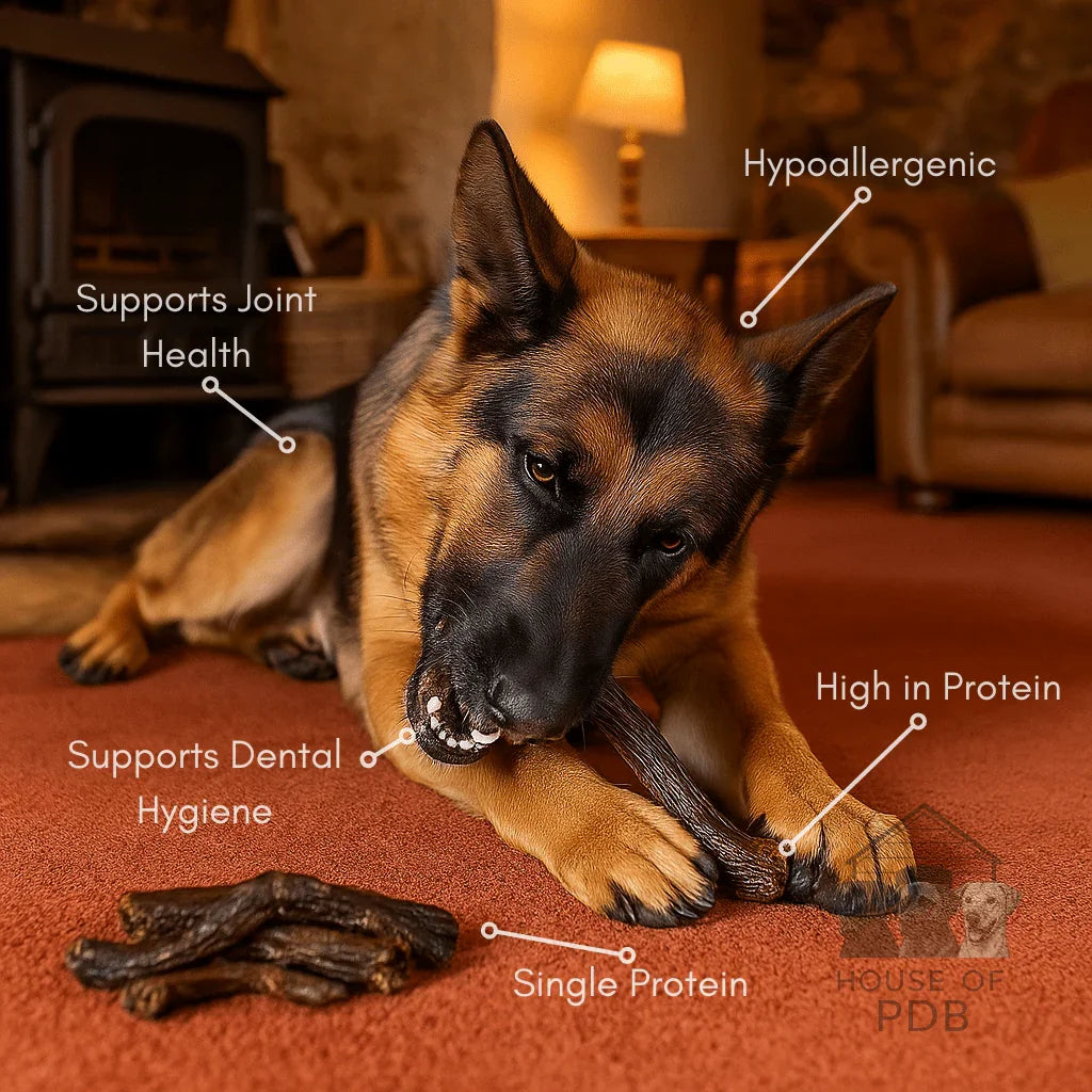German Shepherd dog chewing hypoallergenic single protein duck neck chew on carpet indoors