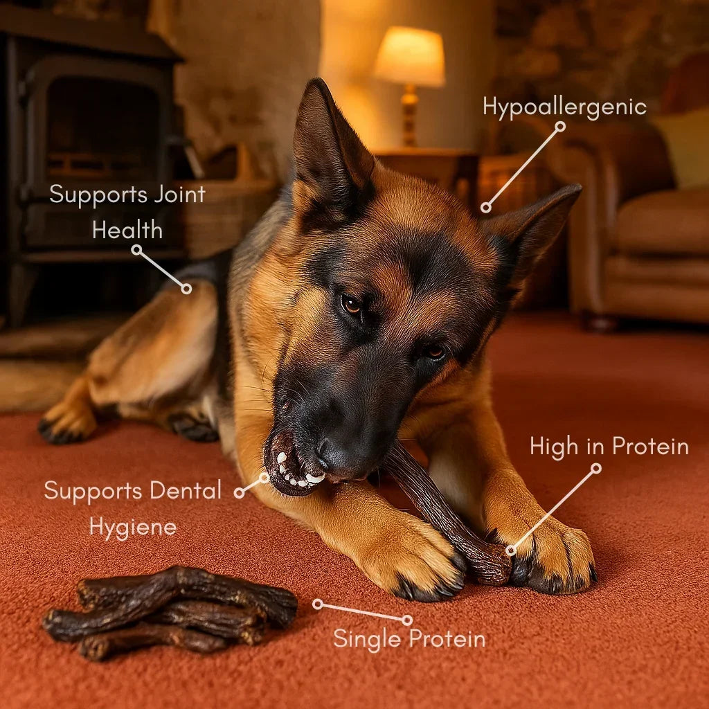 German Shepherd chewing natural duck neck dog treat in cozy living room, labeled benefits.