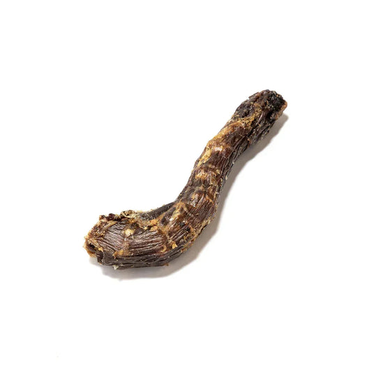 Single natural dried duck neck dog treat on white background, House Of PDB pet snacks