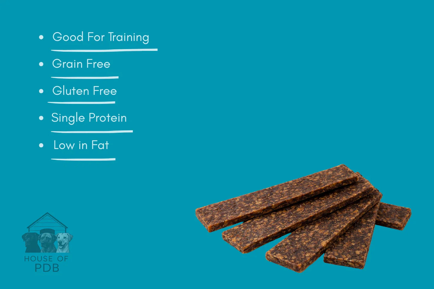 Dog treat bars on a blue background with text highlighting benefits