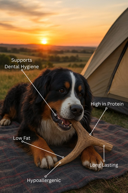 Dog lying on a blanket with a sunset in the background, eating  an natural medium sized fallow deer antler with health benefits text.