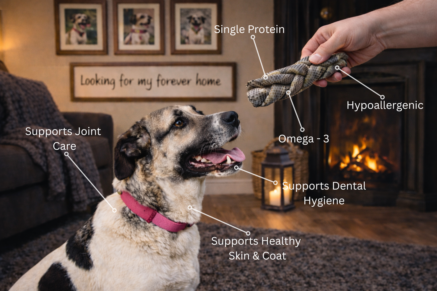 Dog with a natural cod fish skin braid dog chew treat, labelled for benefits, in a home setting with a fireplace.