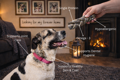 Dog with a natural cod fish skin braid dog chew treat, labelled for benefits, in a home setting with a fireplace.