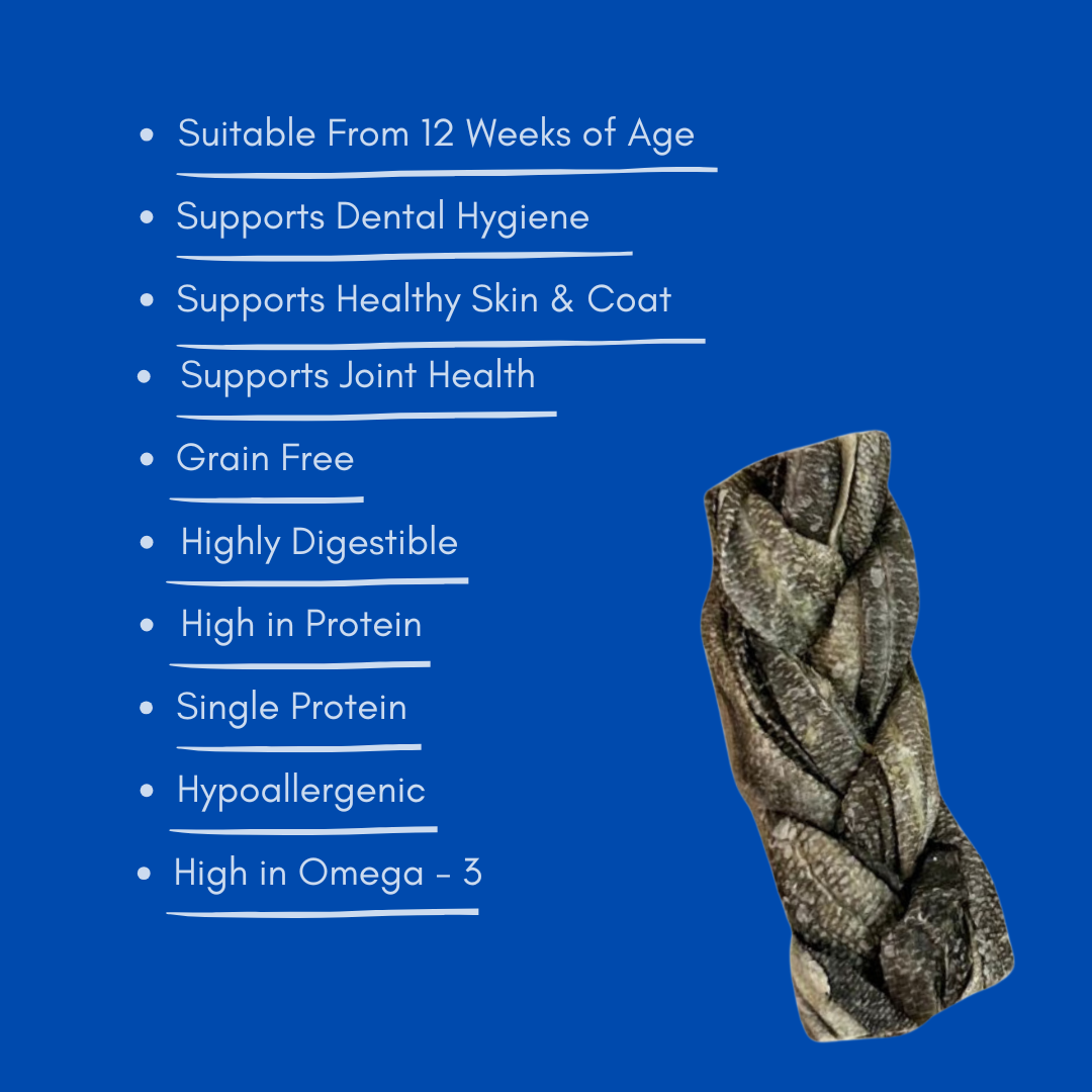 Natural cod fish skin braid dog chew treat with health benefits listed on a blue background