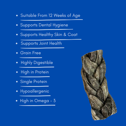 Natural cod fish skin braid dog chew treat with health benefits listed on a blue background