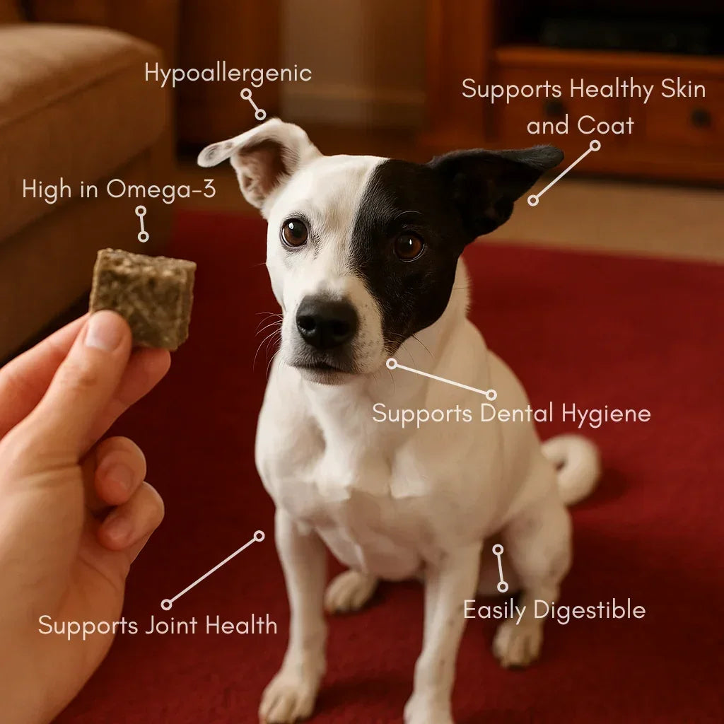 Dog eagerly looking at natural fish skin cube treat, highlighting benefits like omega-3 and hypoallergenic.