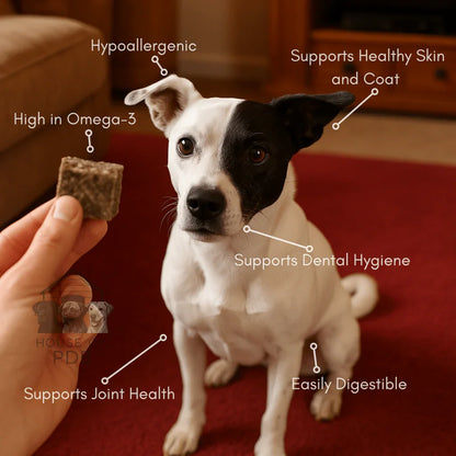 Dog sitting on red carpet eyeing a hand holding a fish skin cube dog treat with health benefit labels