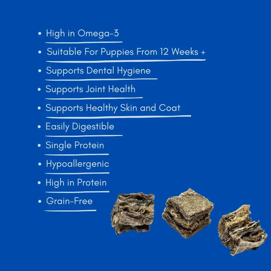 Fish skin cubes dog treats on blue background with health benefits listed, House Of PDB