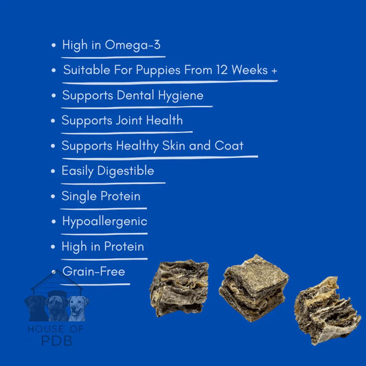 Fish skin cubes dog treats on blue background listing benefits like high omega-3, dental support, grain-free