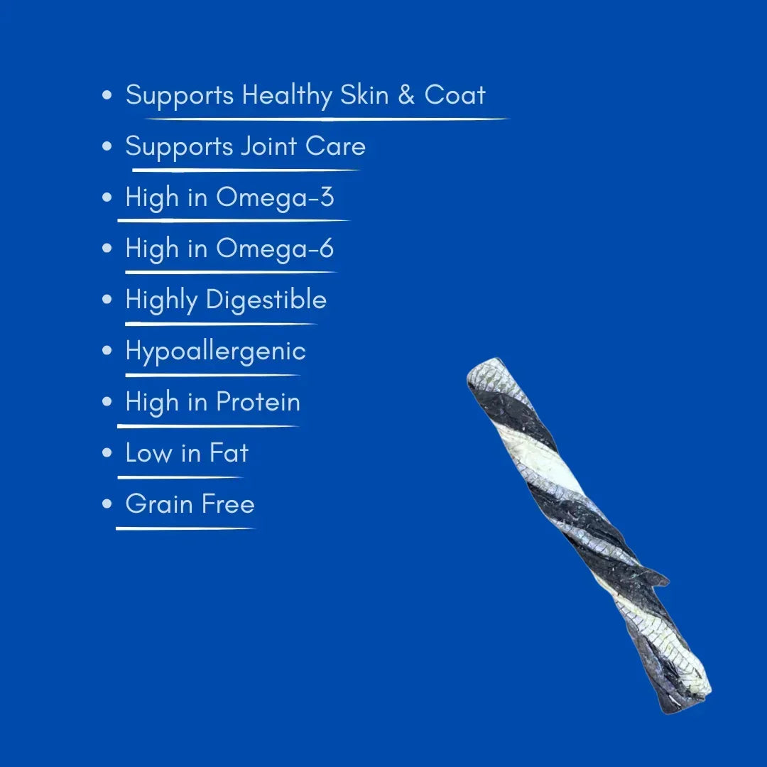 Fish skin twist dog treat with benefits listed on blue background, natural pet snack House Of PDB