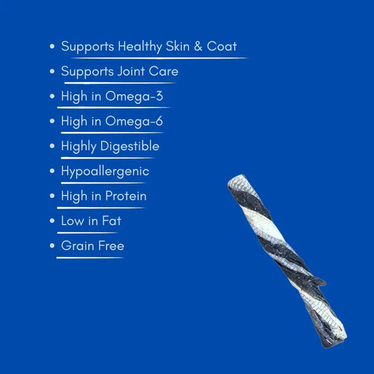 Fish skin twist dog treat with benefits listed on blue background, natural pet snack House Of PDB