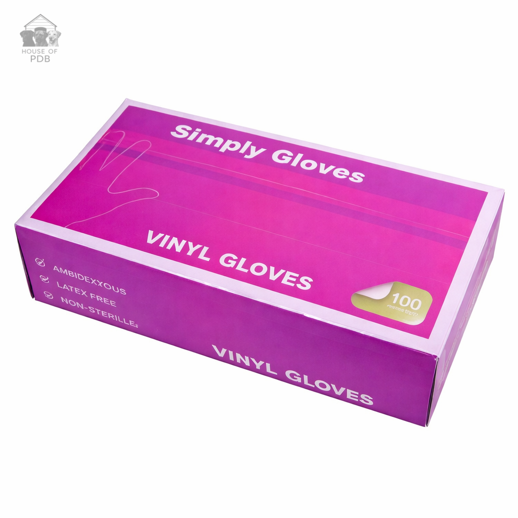 Box of Simply Gloves vinyl gloves on a white background