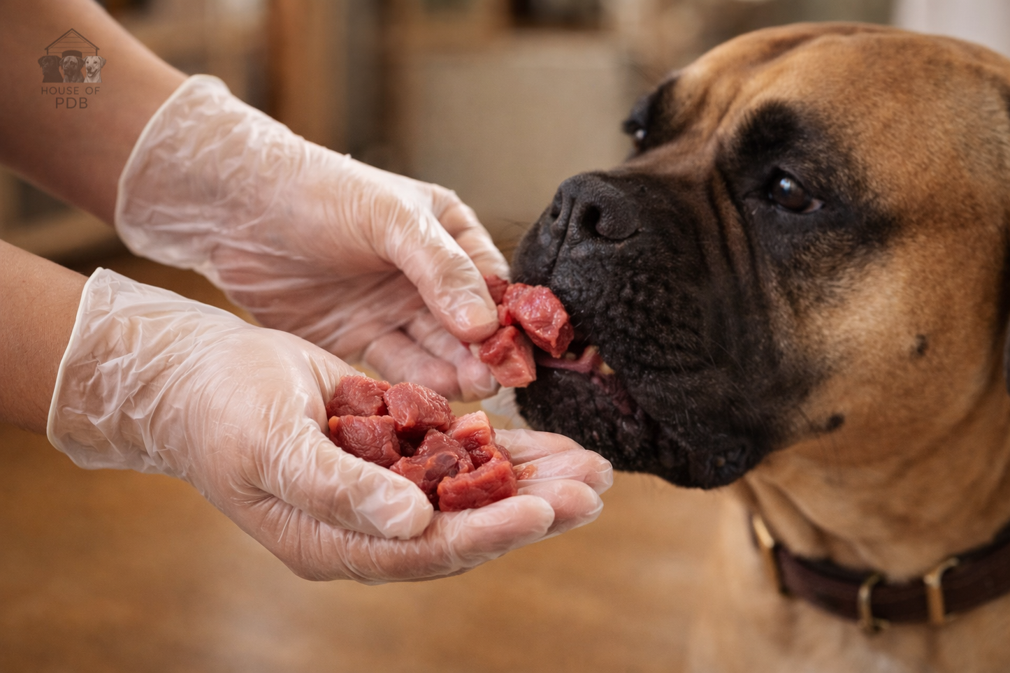 Person in clear vinyl gloves holding raw meat for a dog to eat