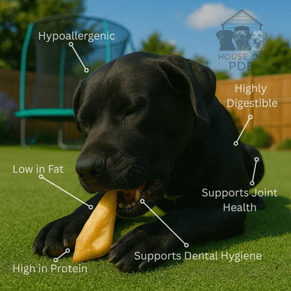 Black dog chewing hypoallergenic goat ear treat outdoors on green grass, promoting joint health and dental hygiene