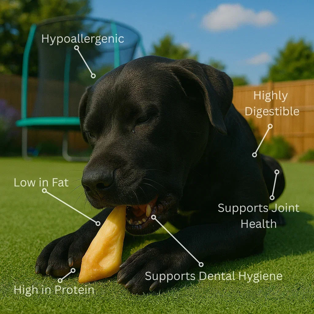 Black dog chewing natural goat ear treat outdoors, labeled as hypoallergenic, high protein, low fat, highly digestible, supports dental and joint health; House Of PDB pet wellness product.
