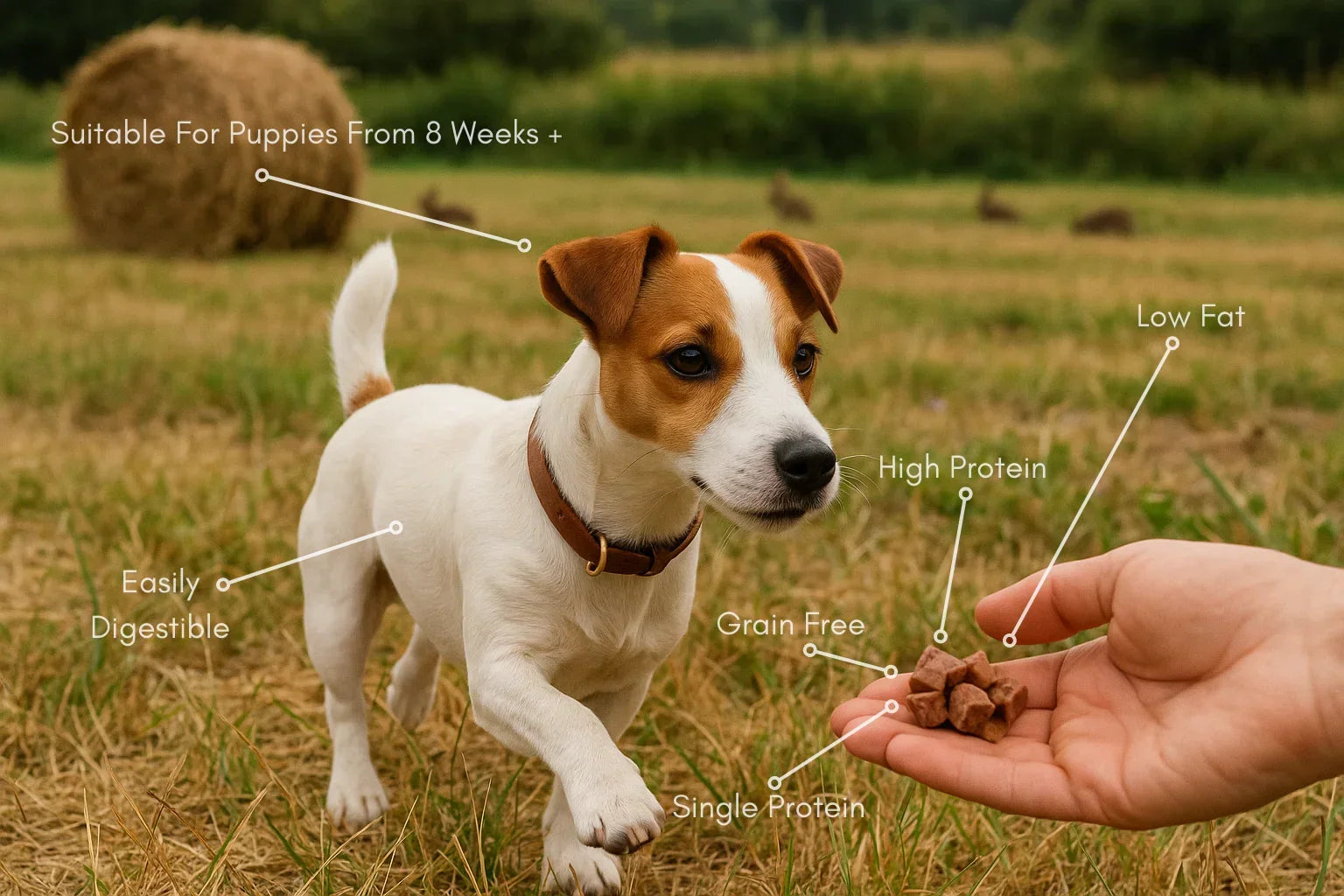 Small dog outdoors reaching for House Of PDB natural dog treats, labeled high protein, low fat, grain free, single protein, and suitable for puppies from 8 weeks.