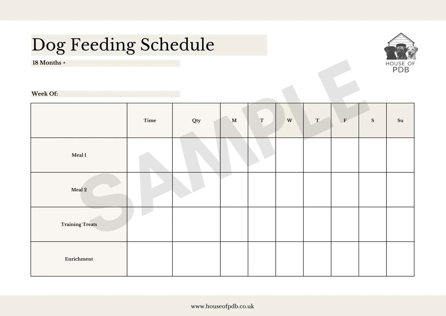 Dog feeding schedule template with 'House of PDB' branding on a beige background