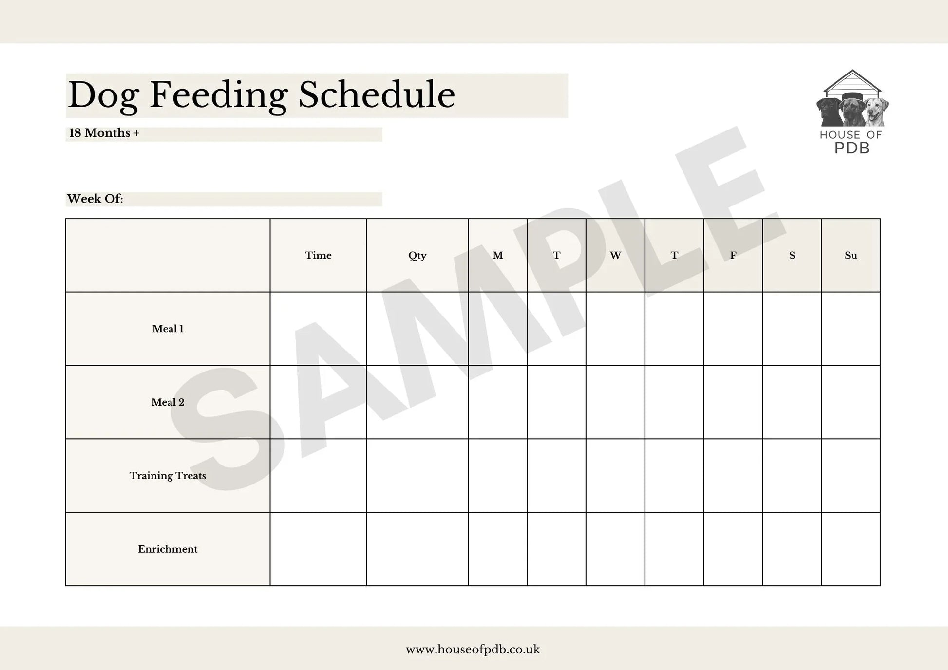 Dog feeding schedule template with 'House of PDB' branding on a beige background