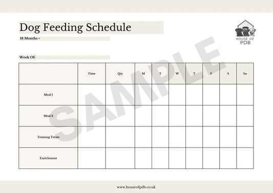 Dog feeding schedule template with 'House of PDB' branding on a beige background