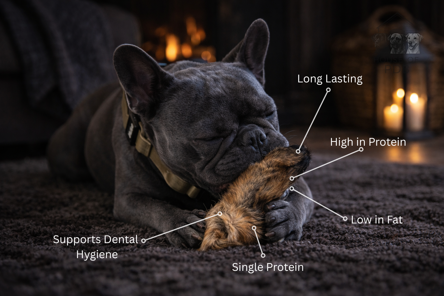 Dog chewing on a natural hairy cow ear dog chew with text highlighting benefits, set against a warm-toned background.