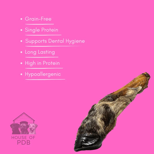 Single hairy lamb foot dog chew on pink background with pet care benefits text