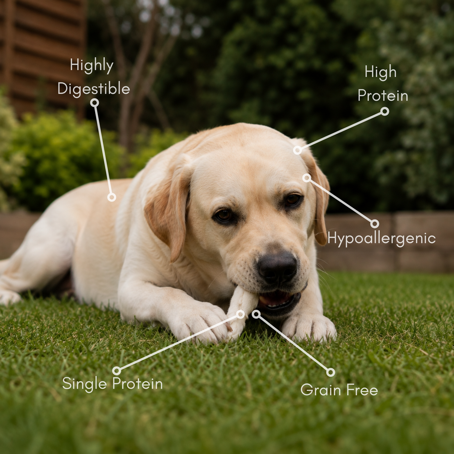 A yellow Labrador retriever lying on green grass outdoors, with white text callouts pointing to features such as highly digestible, high protein, hypoallergenic, single protein, and grain free.