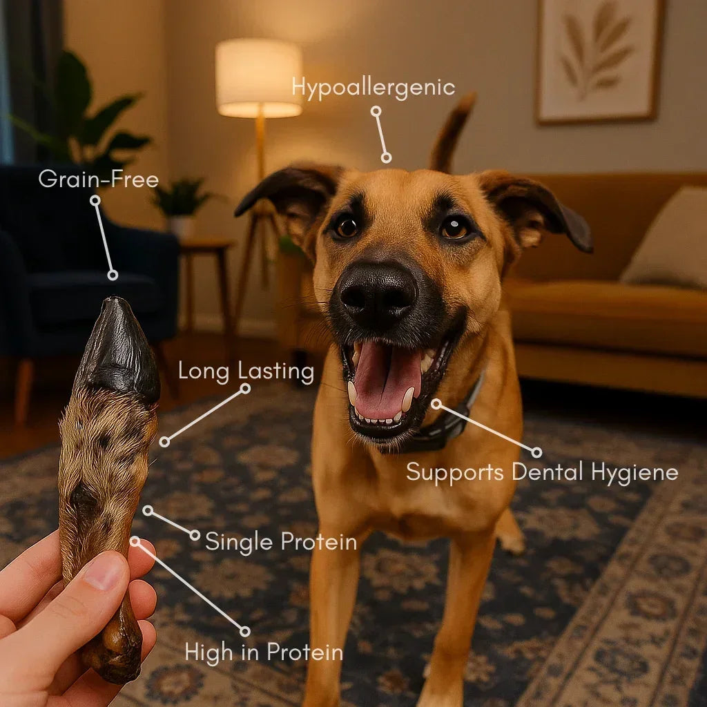 Happy dog indoors with person holding natural hairy lamb feet dog treat, labeled benefits: grain-free, hypoallergenic, long lasting, single protein, high in protein, supports dental hygiene.
