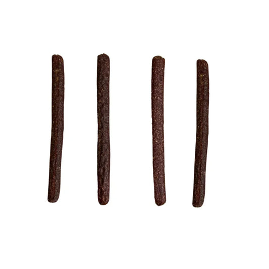 Ham and cheese meaty sticks dog treats, 100% natural, on white background
