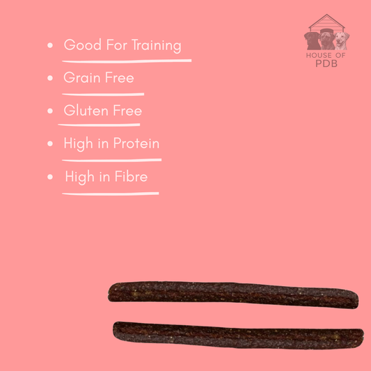 Ham and cheese meaty sticks dog treats with a list of all the benefits the product has to offer. 