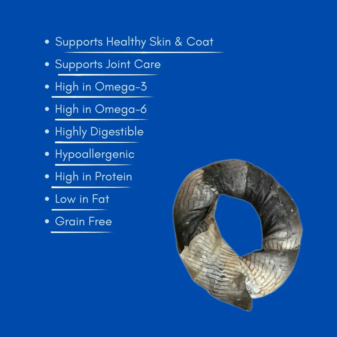 Hypoallergenic natural dog treat ring with health benefits listed on blue background