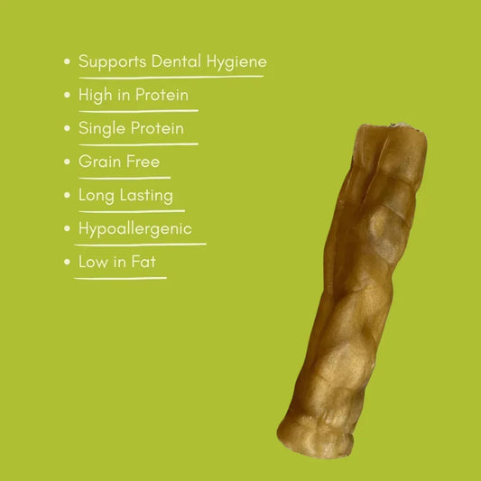 Jumbo buffalo roll dog treat on green background with benefits listed, House Of PDB product.