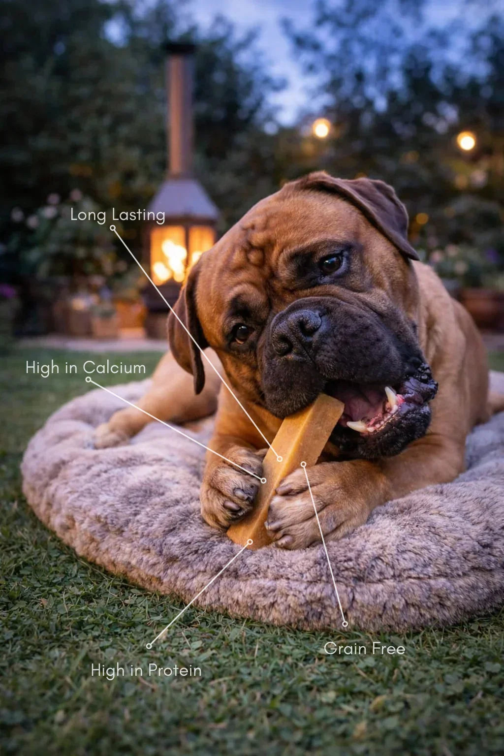 Large dog chewing natural yak treat on outdoor bed, labeled long lasting, high in calcium, high in protein, grain free