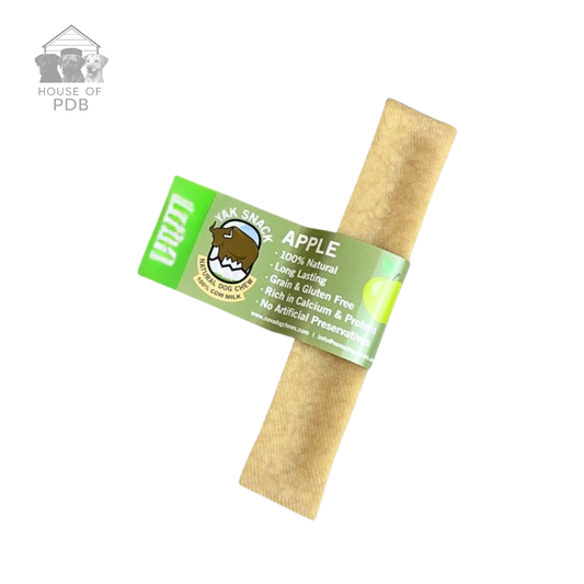 Large Apple yak dog chew with label on a white background