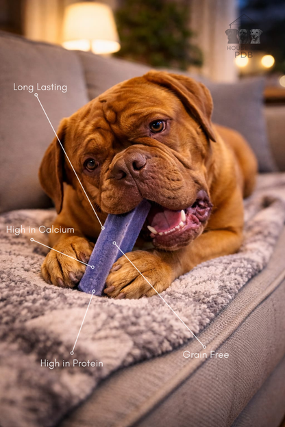 Dog lying on a couch with a large blueberry yak dog chew, surrounded by text labels about the product's features.